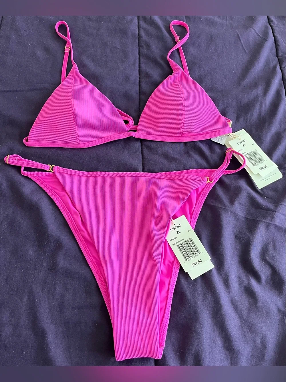 L*Space Bikini Set Lindsay Convertible Top & Remi Bottom XL Fuschia Ribbed Swim